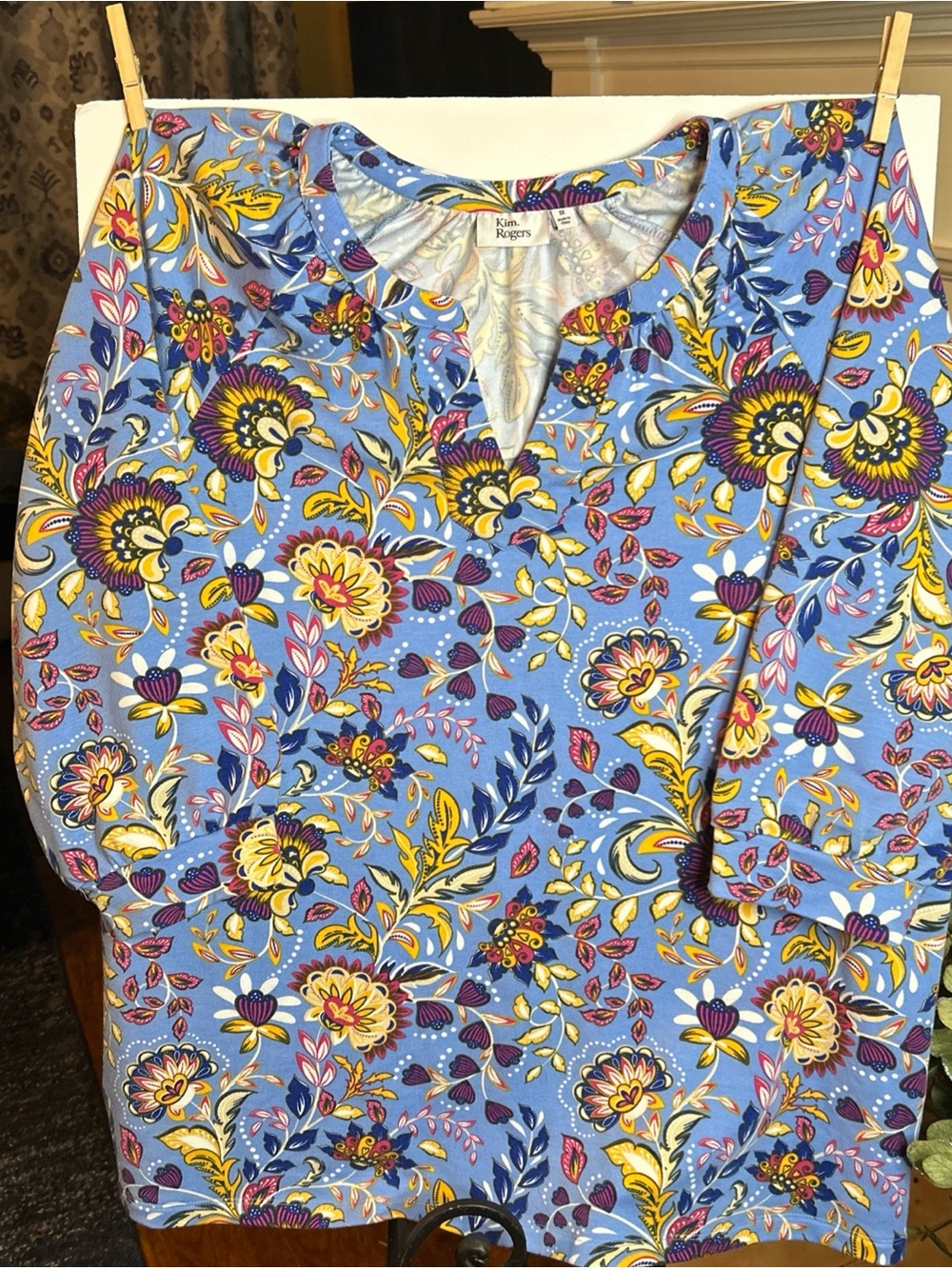 Kim Rogers Light Blue Floral Split V Tunic with Yellow & Purple Accents